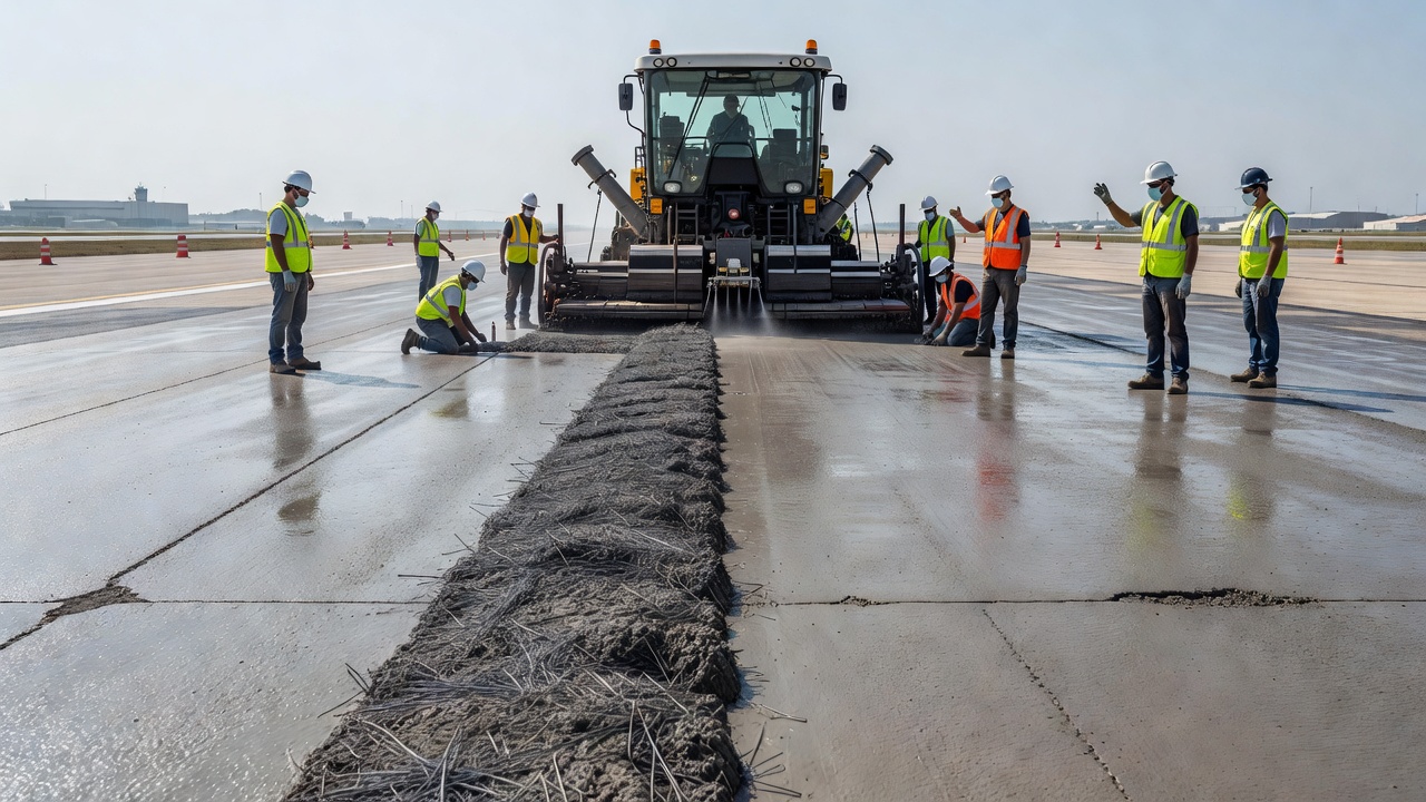 Construction of concrete overlay using fiber reinforced concrete on a road or airport pavement