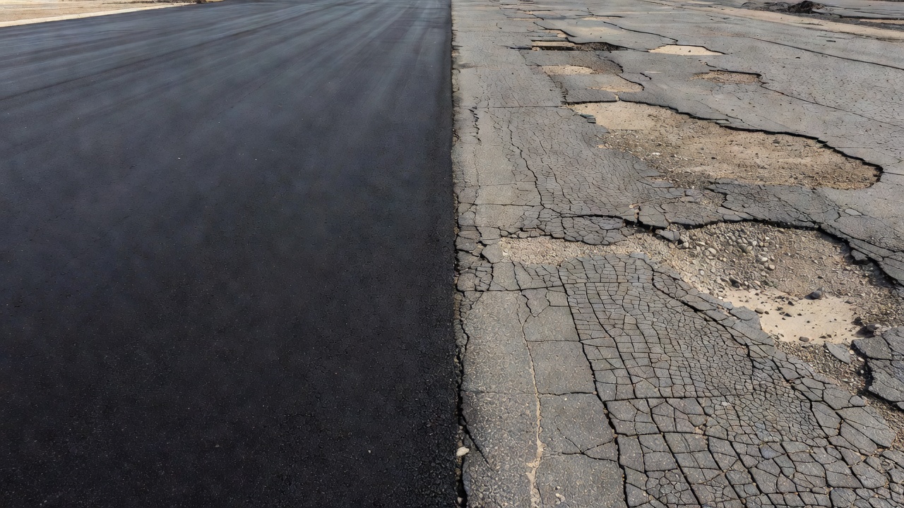 Split comparison of excellent pavement versus failed pavement with alligator cracking and surface deterioration