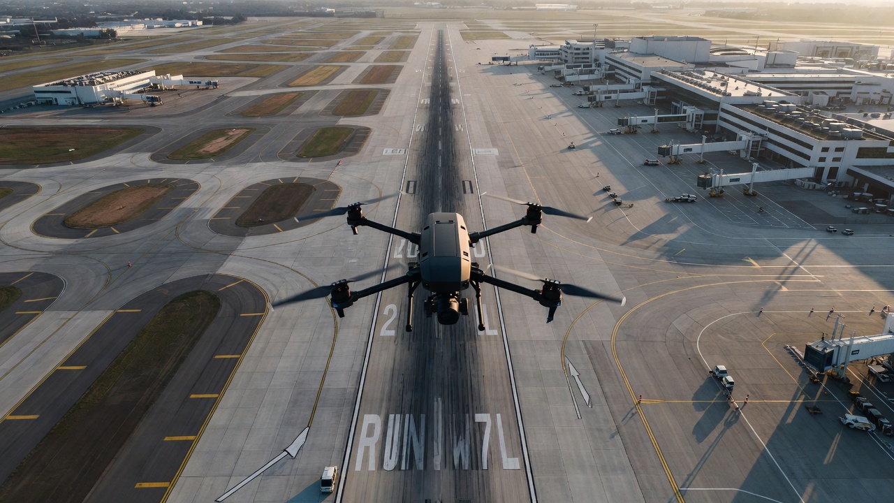 Drone professionnel capturant une imagerie nadir au-dessus d'une piste d'aéroport avec la caméra pointant directement vers le bas pour la cartographie photogrammétrique