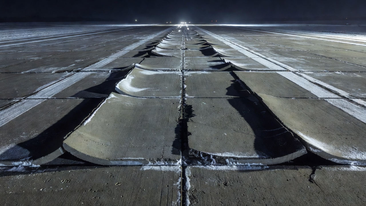 Nighttime view of concrete airport runway pavement with upward curling at transverse joints showing slab edges lifting away from subbase