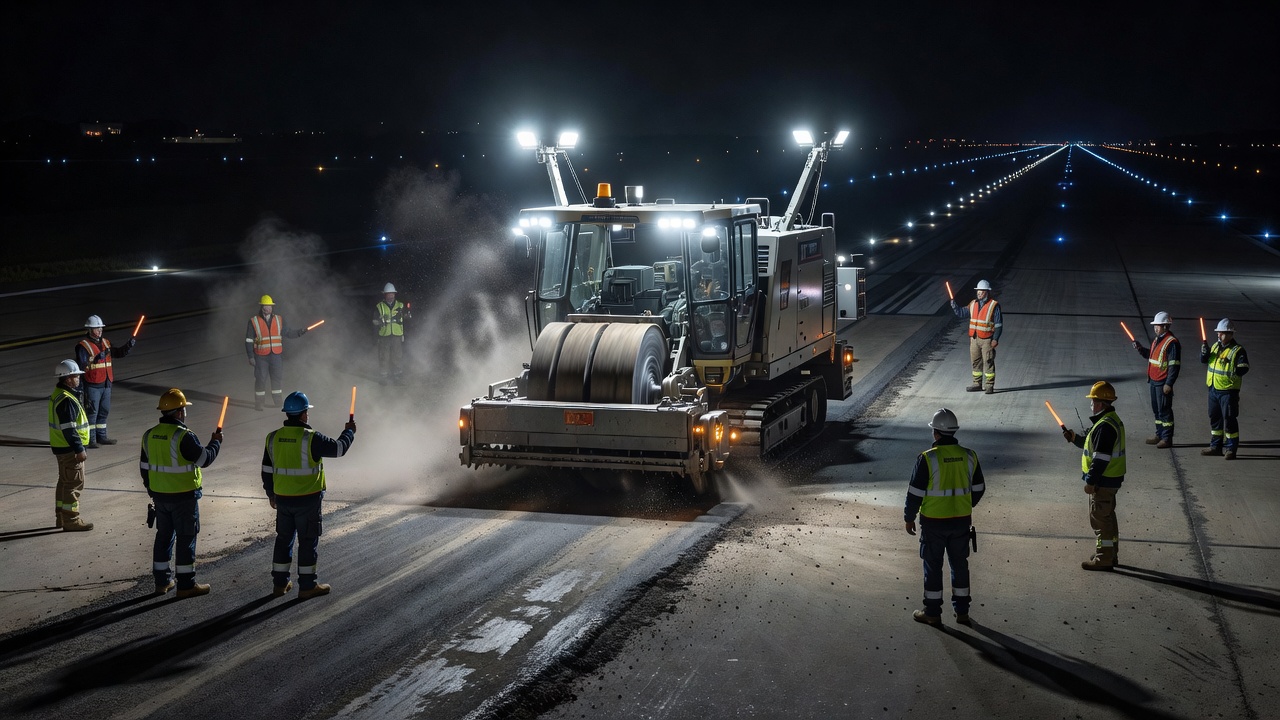 Nighttime airport runway pavement rehabilitation with cold milling machine removing distressed asphalt surface layer under bright construction lighting with runway edge lights visible