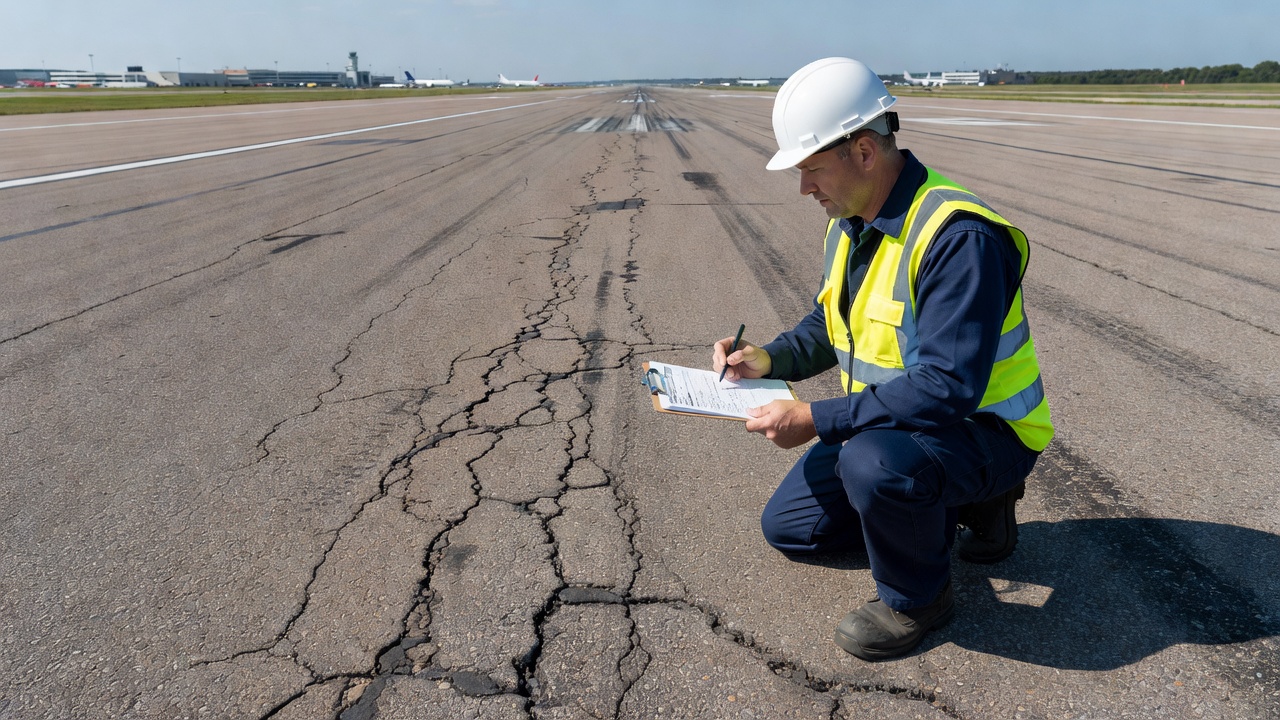 Aviation pavement engineer inspecting severely cracked asphalt runway surface with clipboard and safety vest documenting pavement distress for PCI evaluation