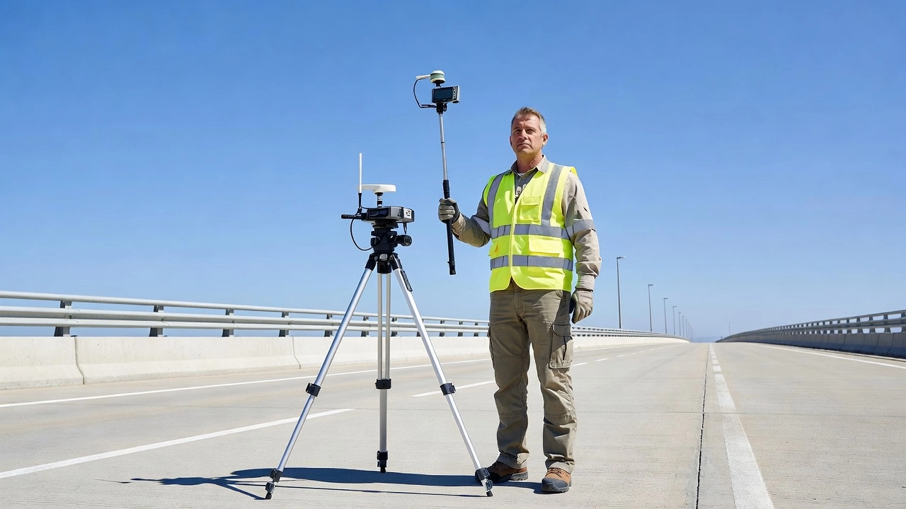Surveyor using RTK GPS rover equipment for high-precision infrastructure survey