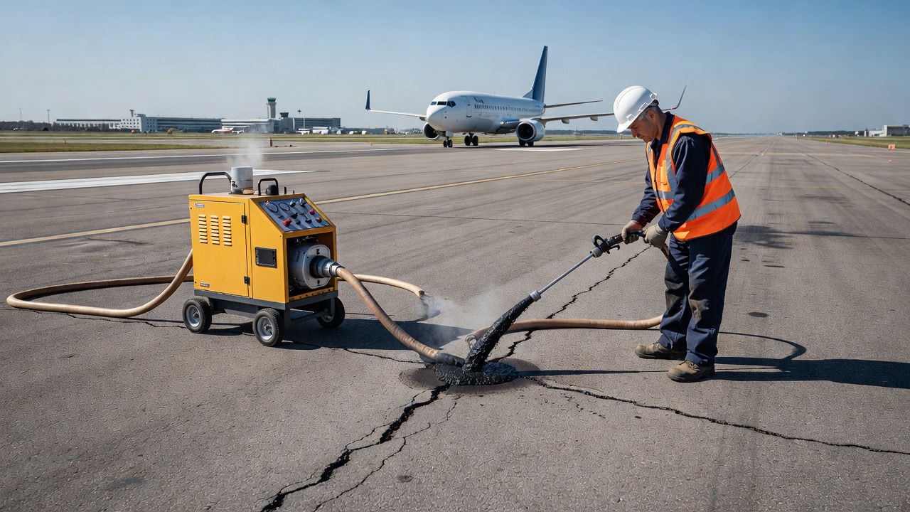 Hot-pour crack filler being applied from a heated kettle machine on an airport runway surface