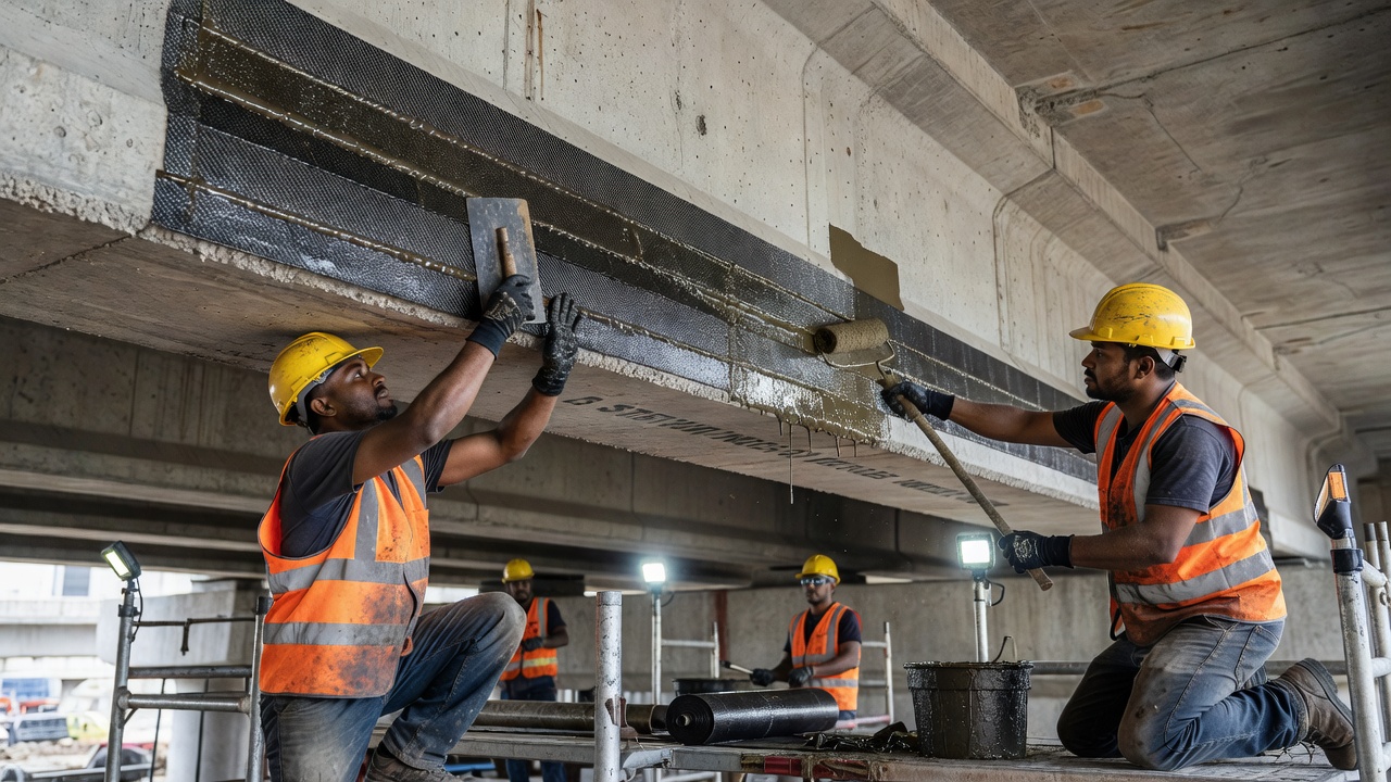 Bandelettes PRFC collées sous la face inférieure d'une poutre de pont en béton pour le renforcement en flexion