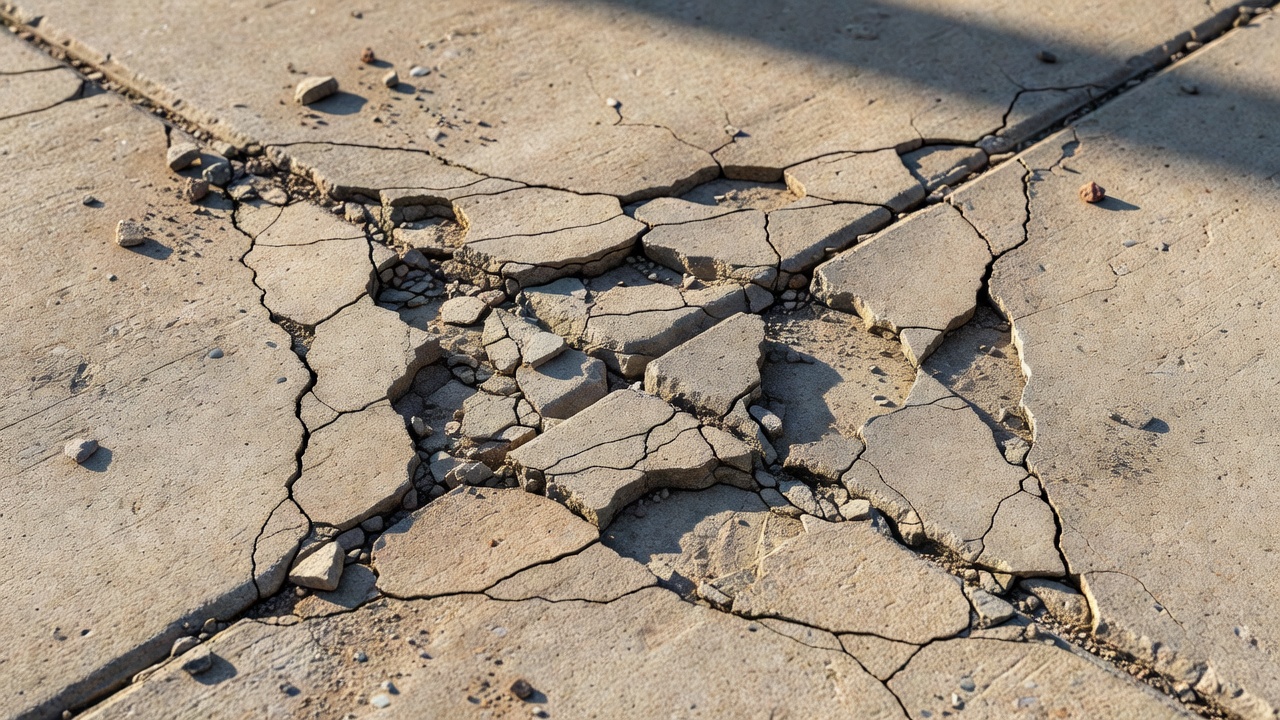 Pokročilý D-cracking přecházející v drolení v rohu spáry betonové vozovky s uvolněným a chybějícím materiálem