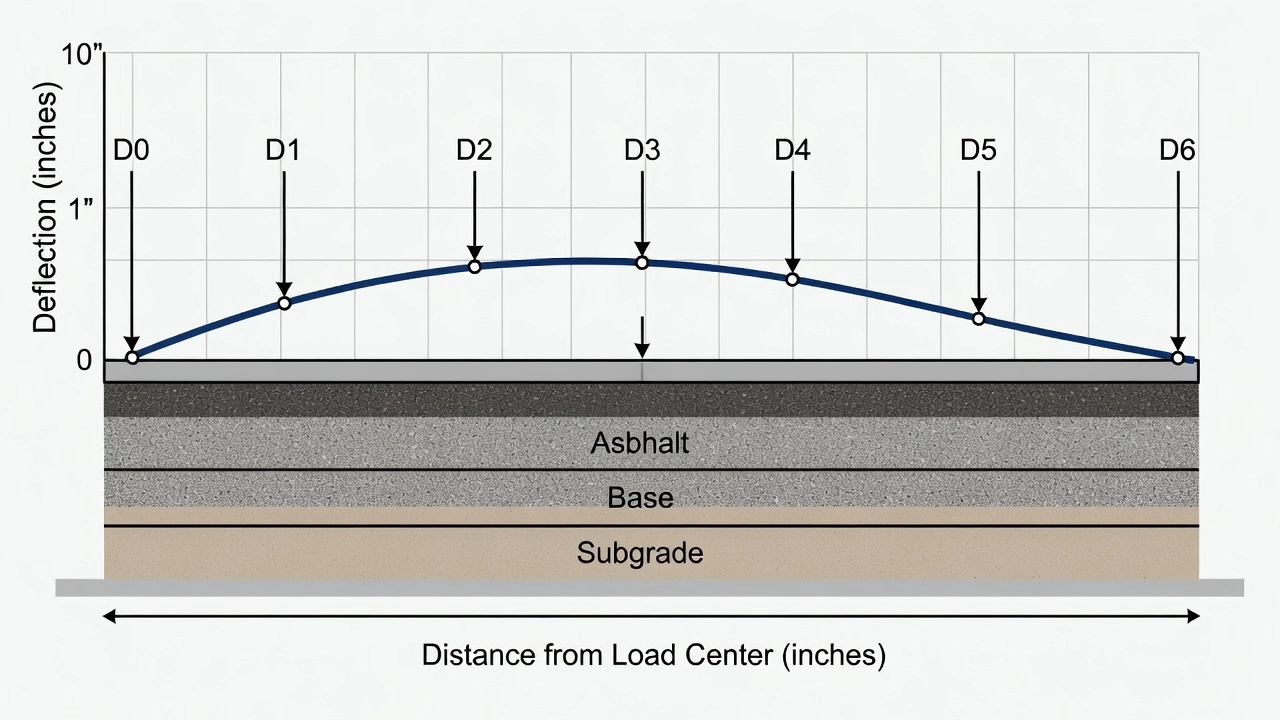 Diagramme du bassin de déflexion FWD montrant 7 capteurs géophoniques (D0 à D6) à des distances radiales du centre de charge sur une coupe transversale de chaussée avec les couches d'asphalte, de base et de sol support