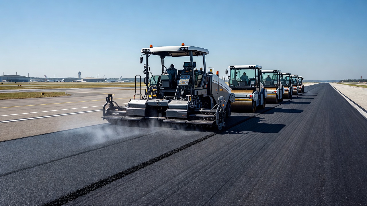 Airport runway construction with asphalt paver laying Stone Mastic Asphalt mixture and compaction rollers following
