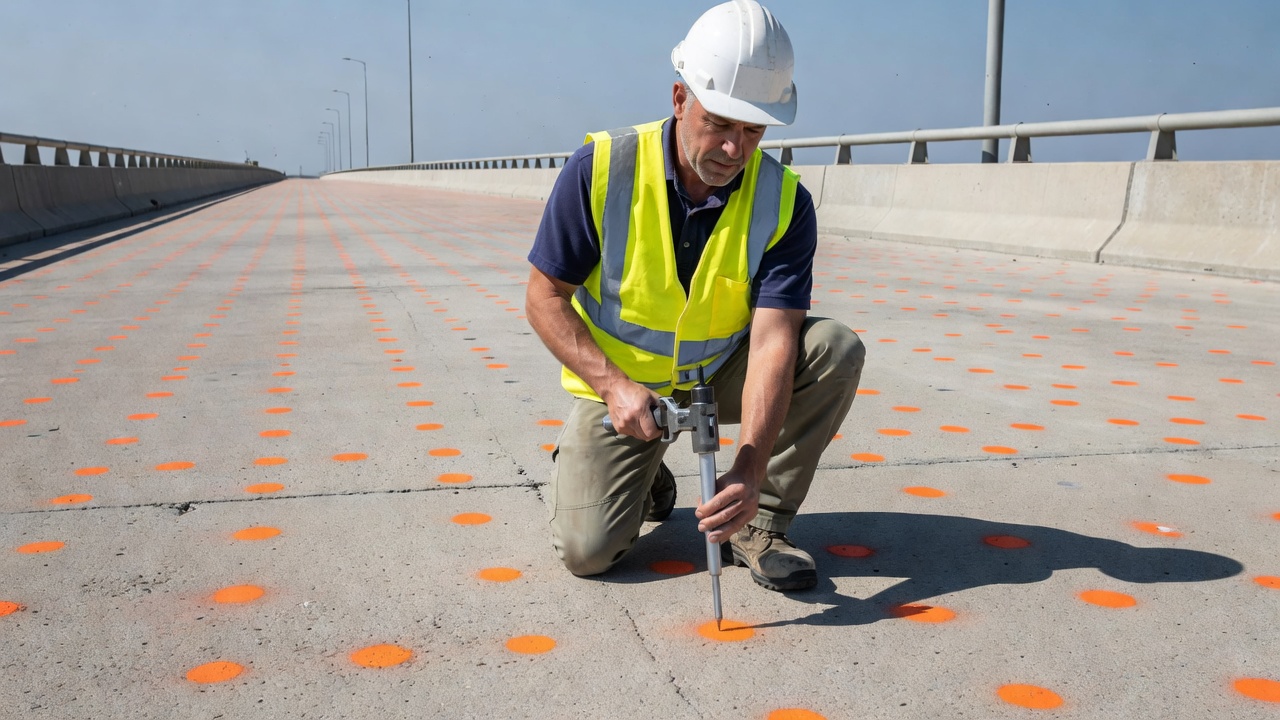 Inspector de ingeniería civil realizando ensayos de pavimento de tablero de puente de hormigón con un martillo de rebote en puntos de ensayo marcados durante el día