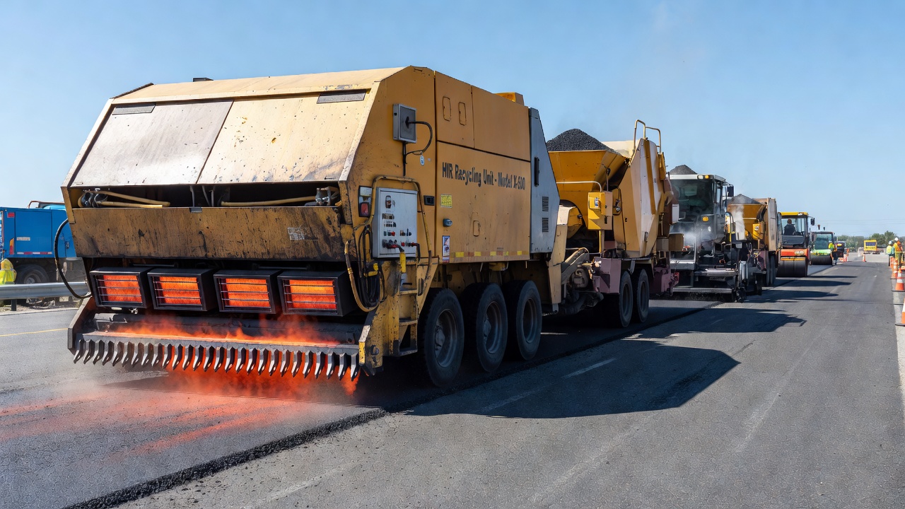 Tren de equipos HIR de Reciclado en Caliente In Situ en un proyecto de rehabilitación de carreteras que muestra múltiples unidades de calentamiento y procesamiento trabajando en secuencia