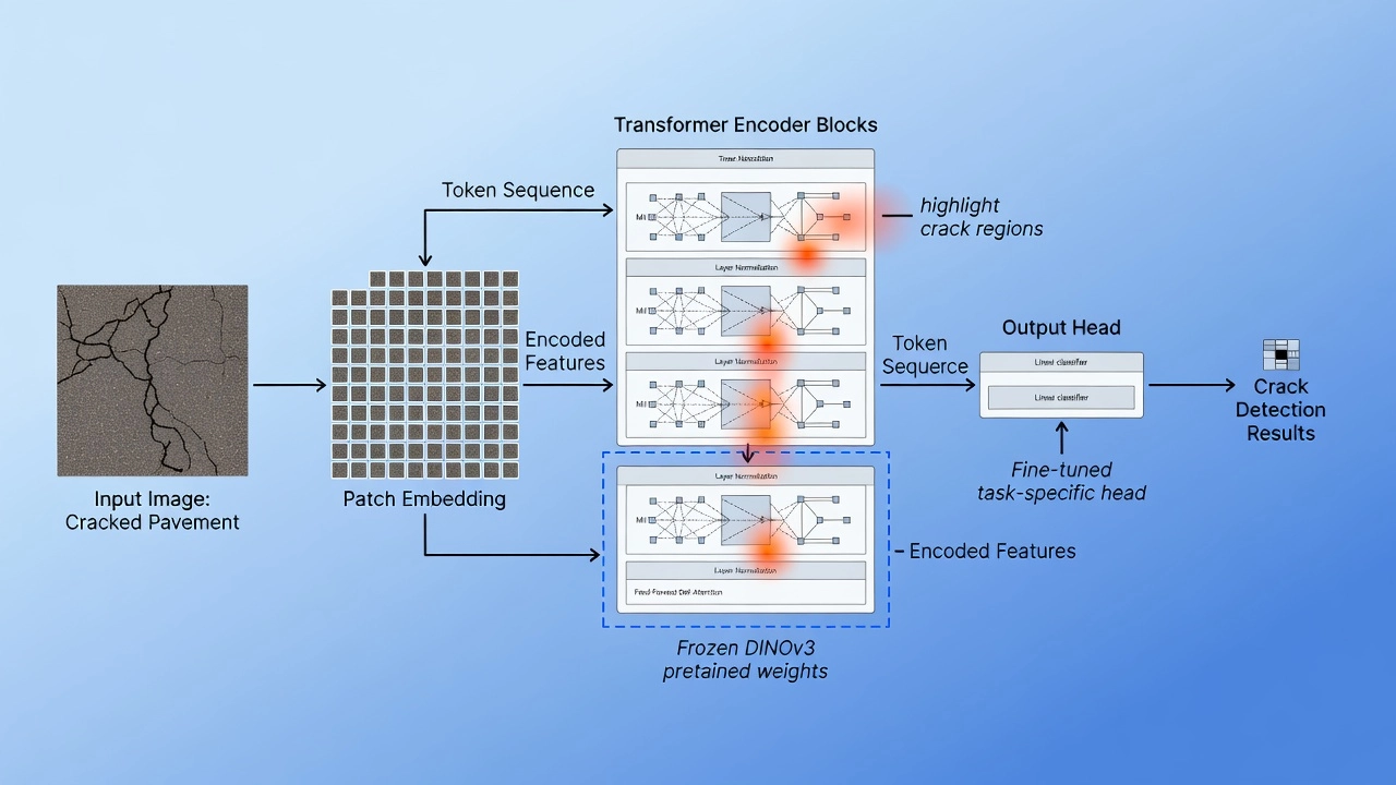 Vision Transformer architecture diagram showing transfer learning pipeline for pavement crack detection with frozen backbone and task-specific head