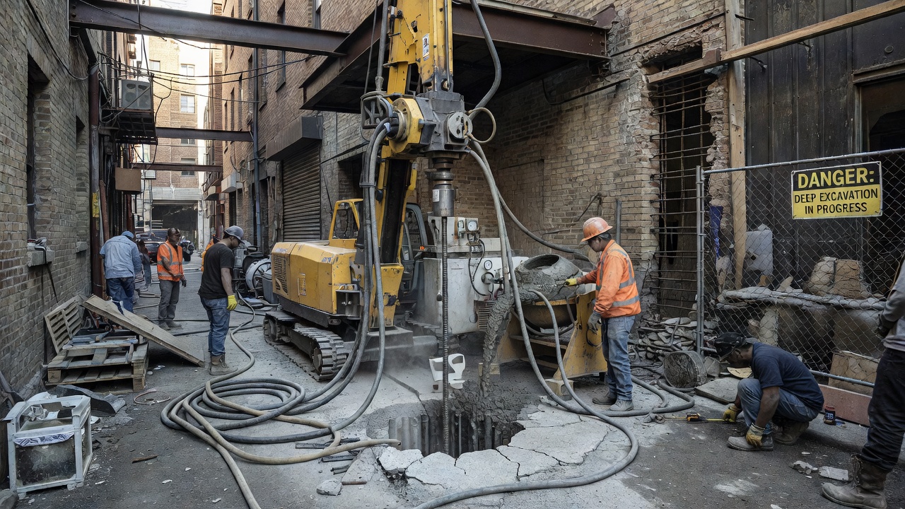 Micropile drill rig installing small-diameter deep foundation piles in a confined urban alley with low headroom