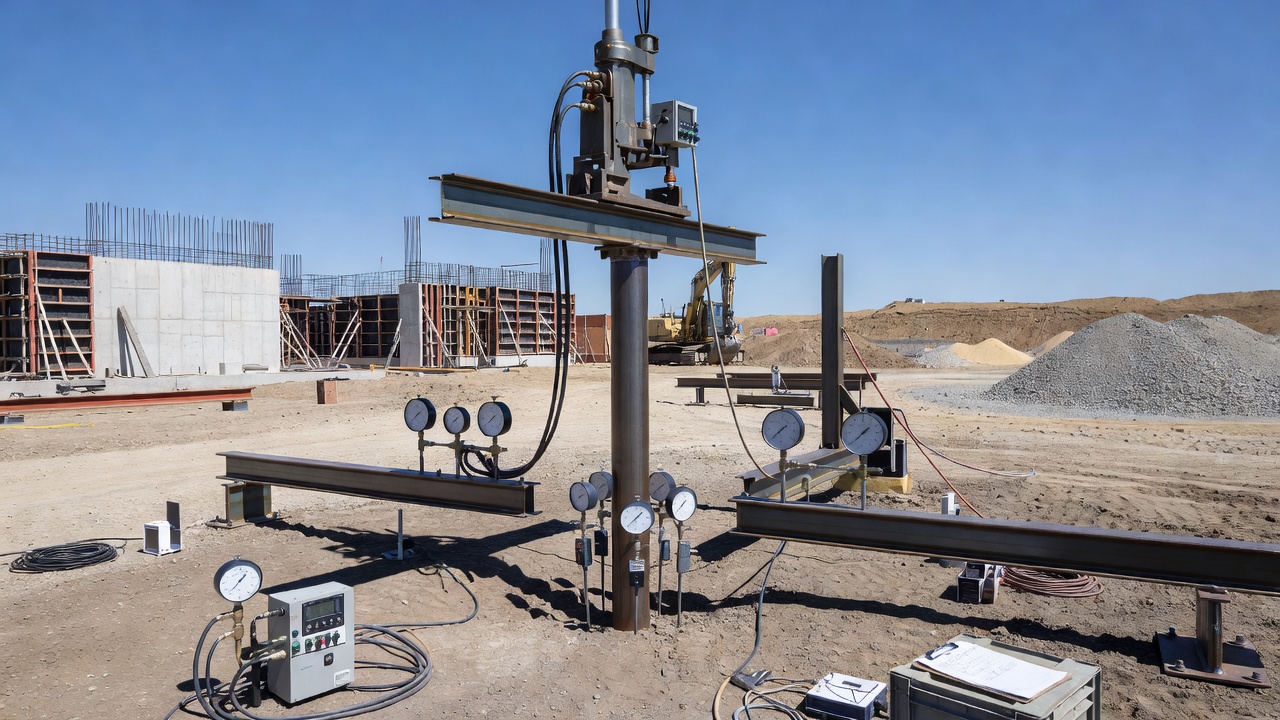 Micropile static load test setup with hydraulic jack, reaction beam, and settlement monitoring instruments