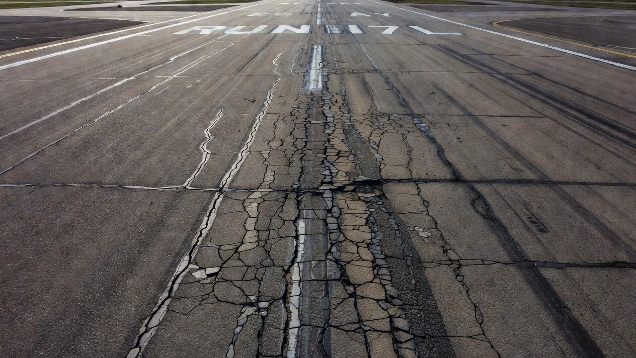 Aerial view of airport runway pavement showing distress patterns including alligator cracking and longitudinal cracks on asphalt surface