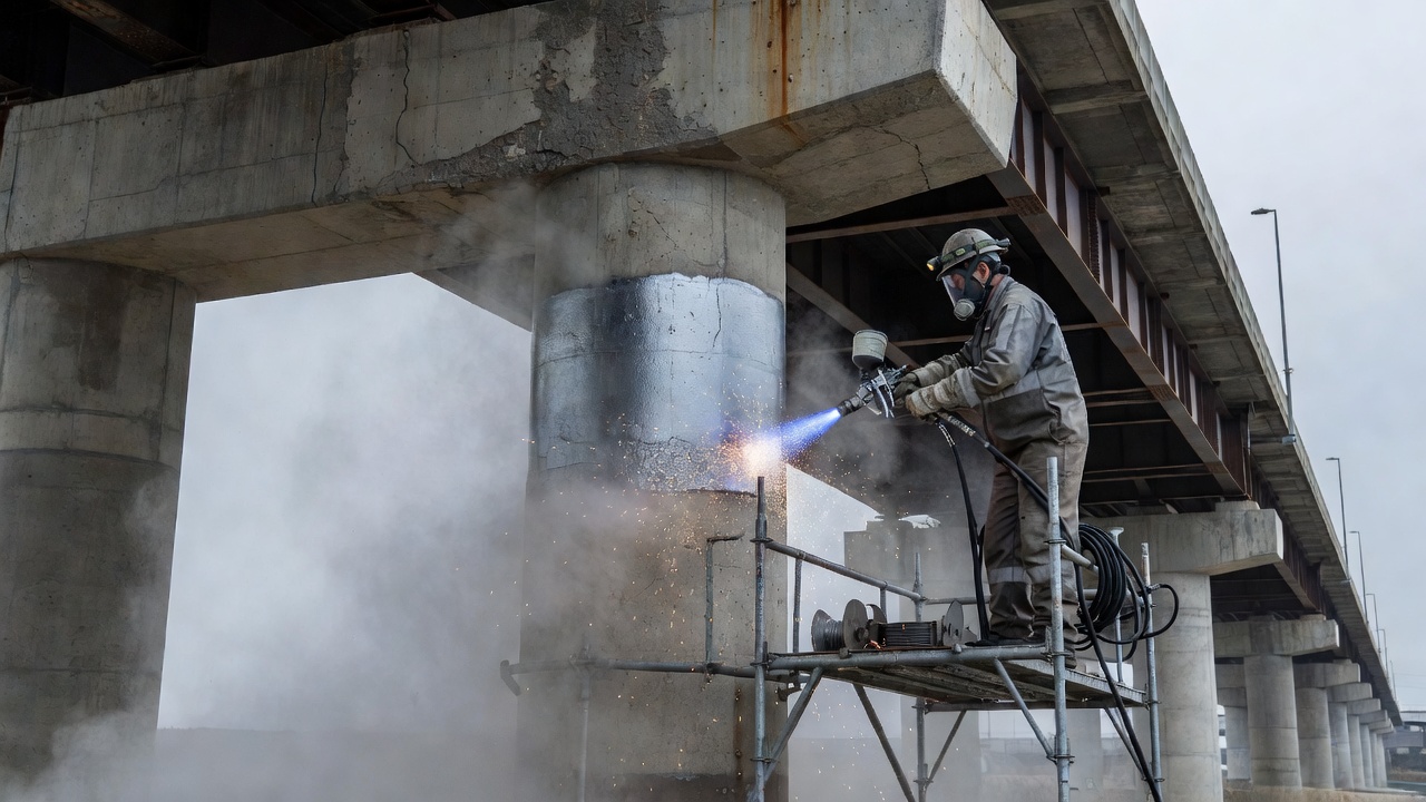 Ouvrier appliquant un revêtement de zinc projeté à l'arc (projection thermique) pour protection cathodique par anode galvanique sur un pilier de pont en béton à l'aide d'un équipement de projection
