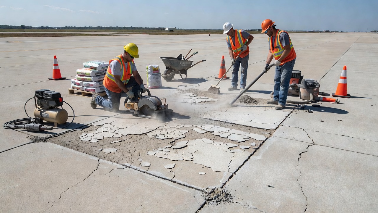 Partial-depth repair operation on scaled concrete pavement showing saw-cut rectangular patch area and preparation for repair material placement