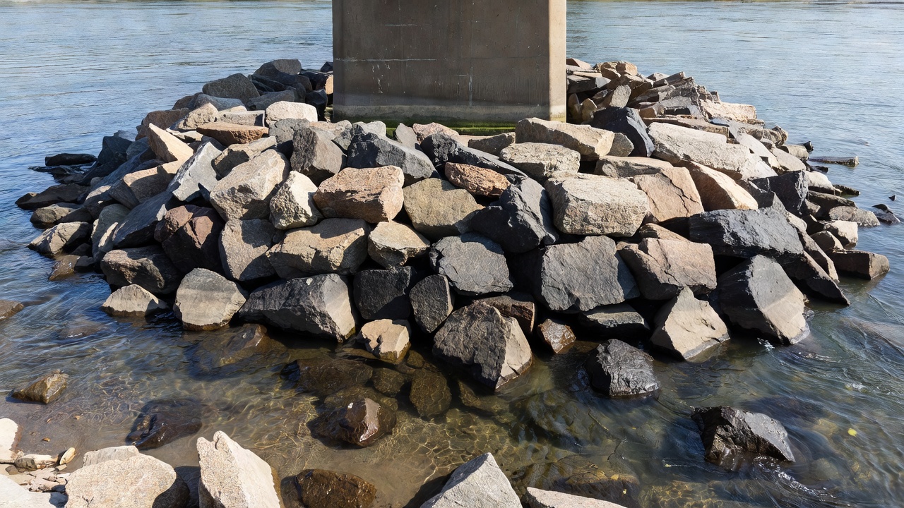Kantige Steinschüttungssteine um einen Betonbrückenpfeiler zum Kolkschutz in einem Fluss
