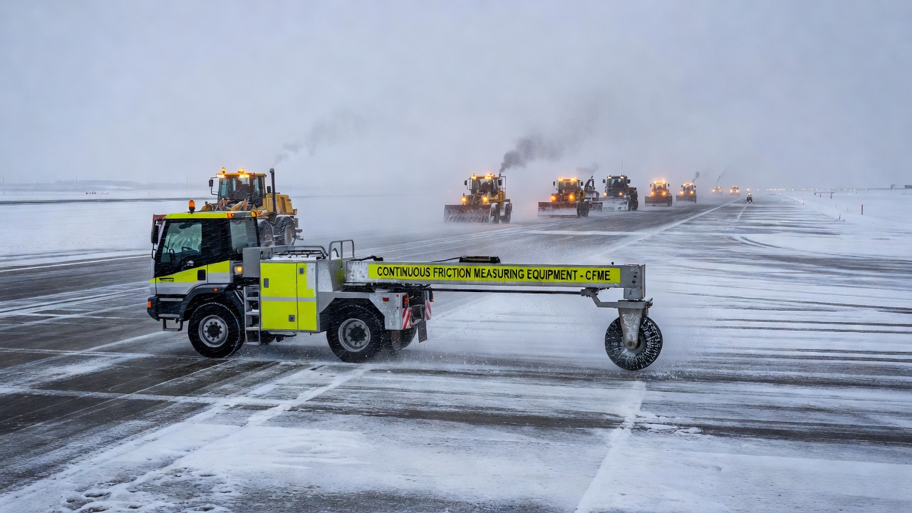 Véhicule de mesure de friction aéroportuaire effectuant des tests CFME sur la surface de la piste lors d'opérations hivernales