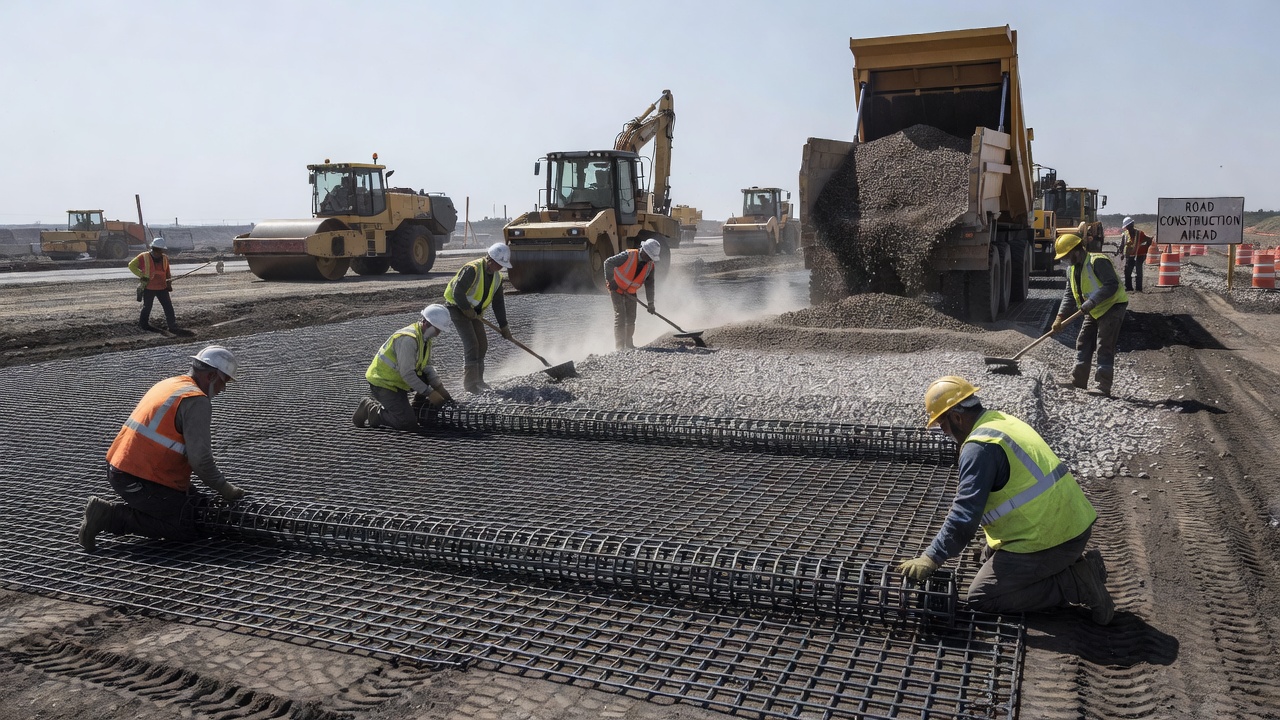 Stavební dělníci instalující vyztužení geogridem na podklad vozovky s rozprostíraným kamenivem