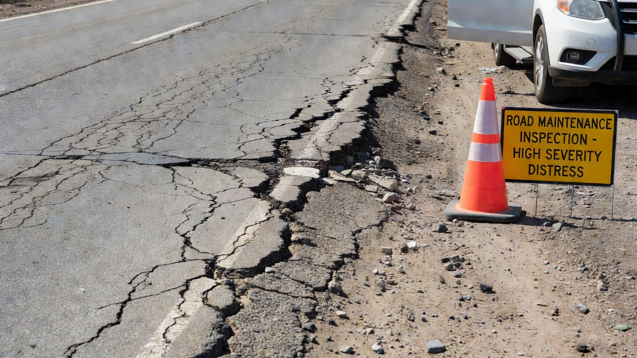 Severe edge cracking on asphalt road showing breakup and material loss along pavement edge adjacent to unpaved shoulder
