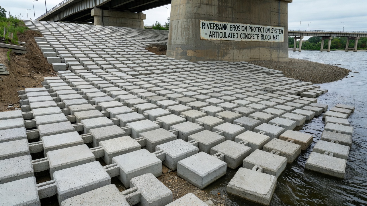 Instalace rohože z kloubových betonových bloků jako protiopatření proti výmolu u mostní opěry zobrazující systém ochrany břehů řeky s propojenými betonovými bloky podél vodního toku