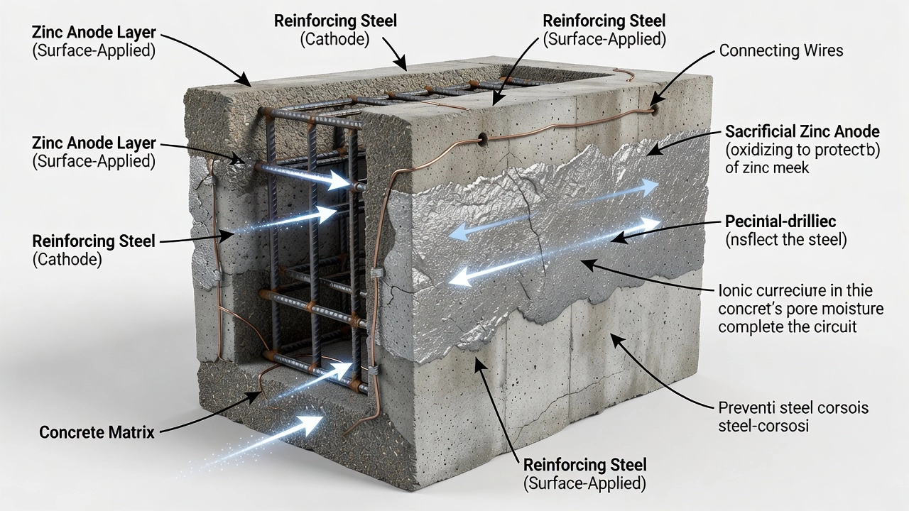 Illustration en coupe d'un système de protection cathodique par anode galvanique montrant des anodes en zinc encastrées connectées à l'acier d'armature dans le béton