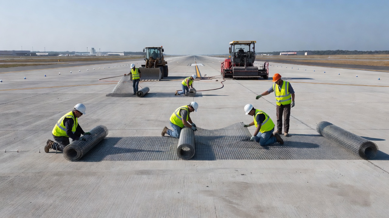 Installation of impressed current cathodic protection on airport runway concrete pavement with MMO titanium mesh anodes and construction workers