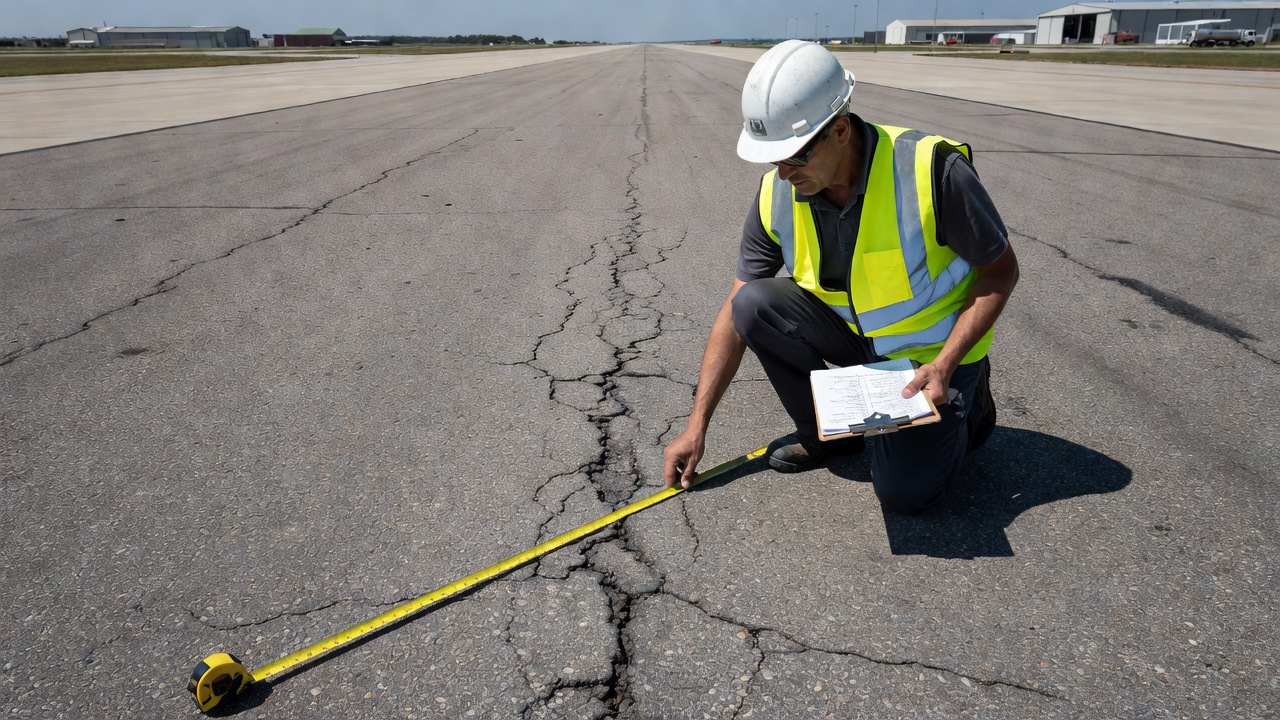 Civil engineer conducting pavement condition survey on airport taxiway measuring cracks and surface distress