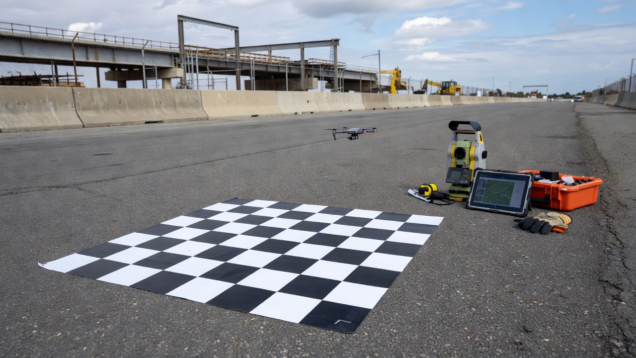 Ground control point marker on asphalt pavement for drone photogrammetry survey with black and white checkered target