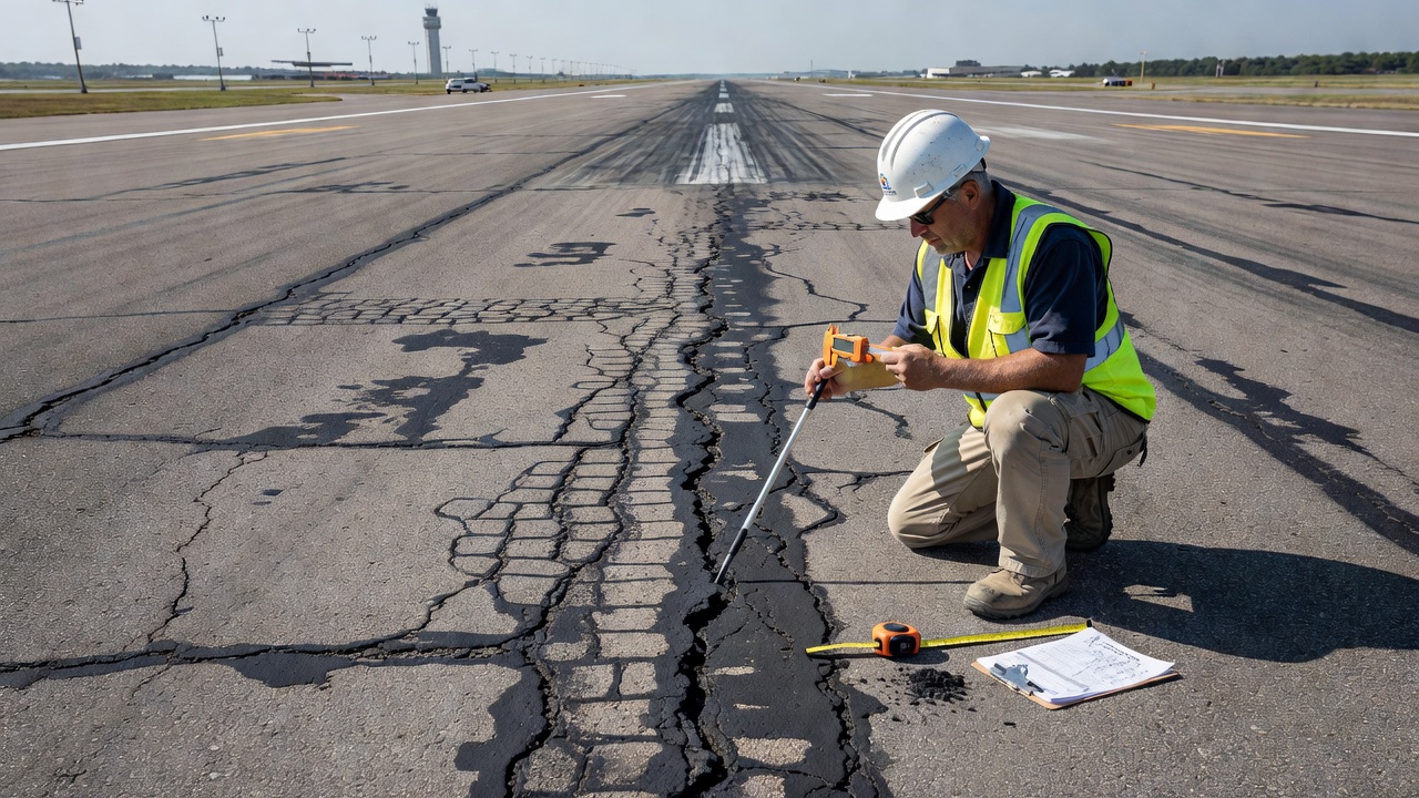 Inspecteur de chaussée aéroportuaire procédant à l'évaluation de l'état d'un enduit de scellement sur une surface de piste avec asphalte oxydé et dégradé, inspection visuelle des fissures et du désenrobage