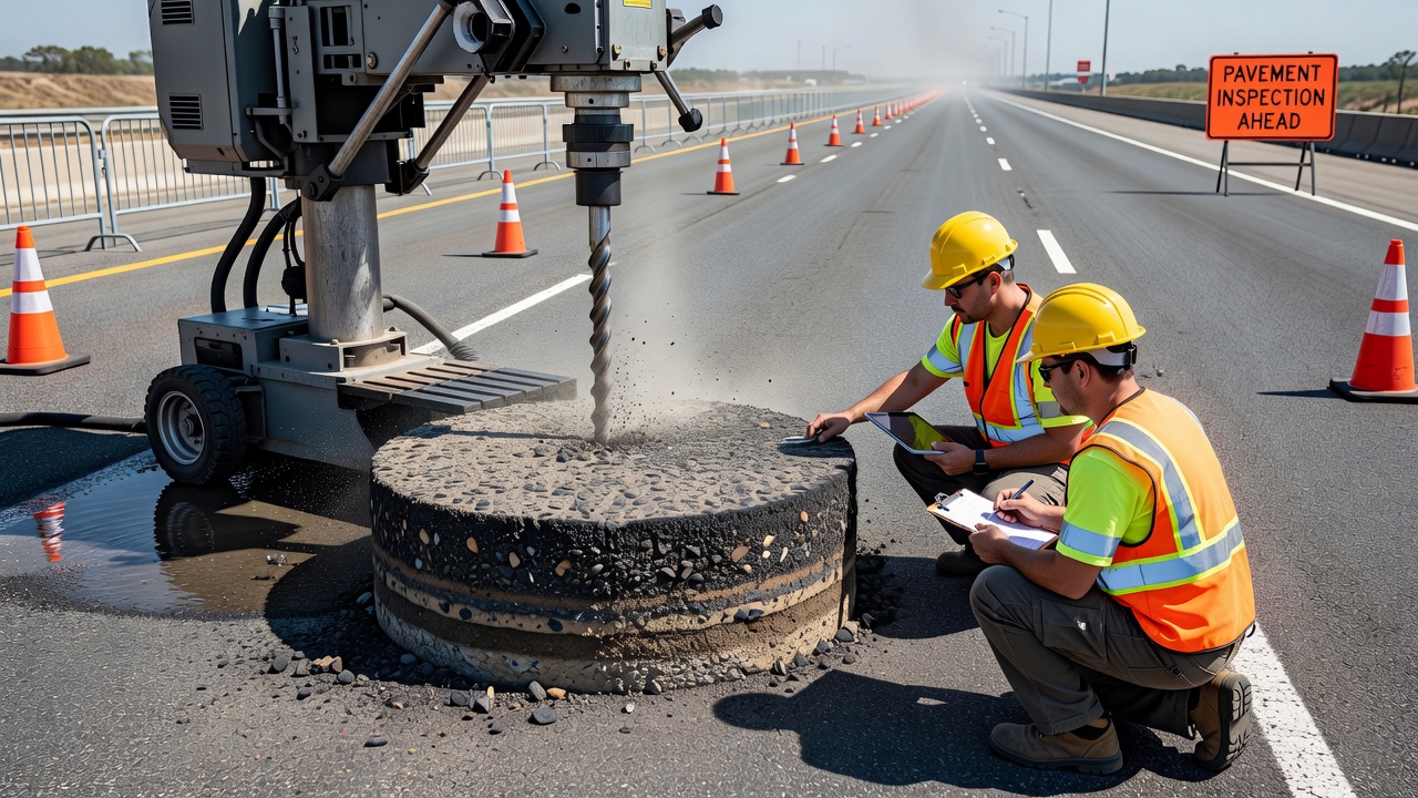 Pavement coring operation extracting a core sample from newly placed asphalt containing RAP for quality control testing