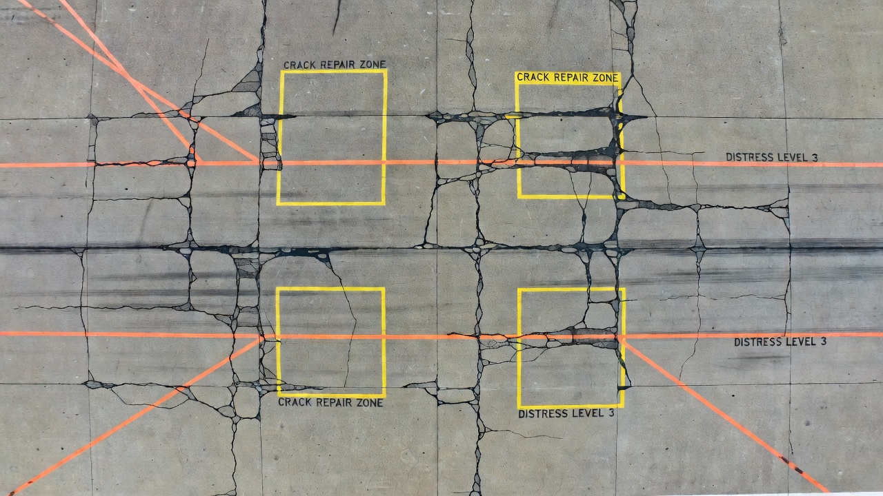 Surface de piste en béton avec fissures visibles et marques de détresse de chaussée capturée depuis un drone lors d'une inspection d'infrastructure