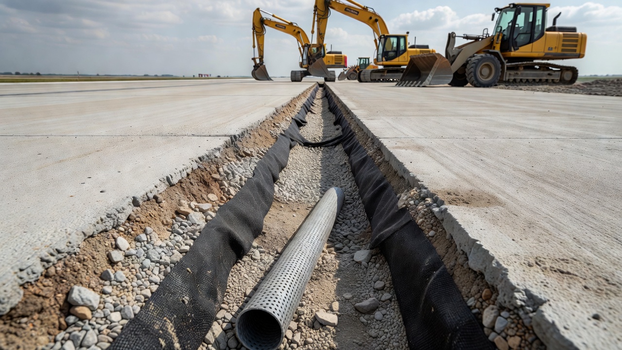 Installation d'un drain de bord le long d'une chaussée en béton montrant un tuyau perforé et un remblai en gravier conçus pour évacuer l'eau et prévenir le pompage