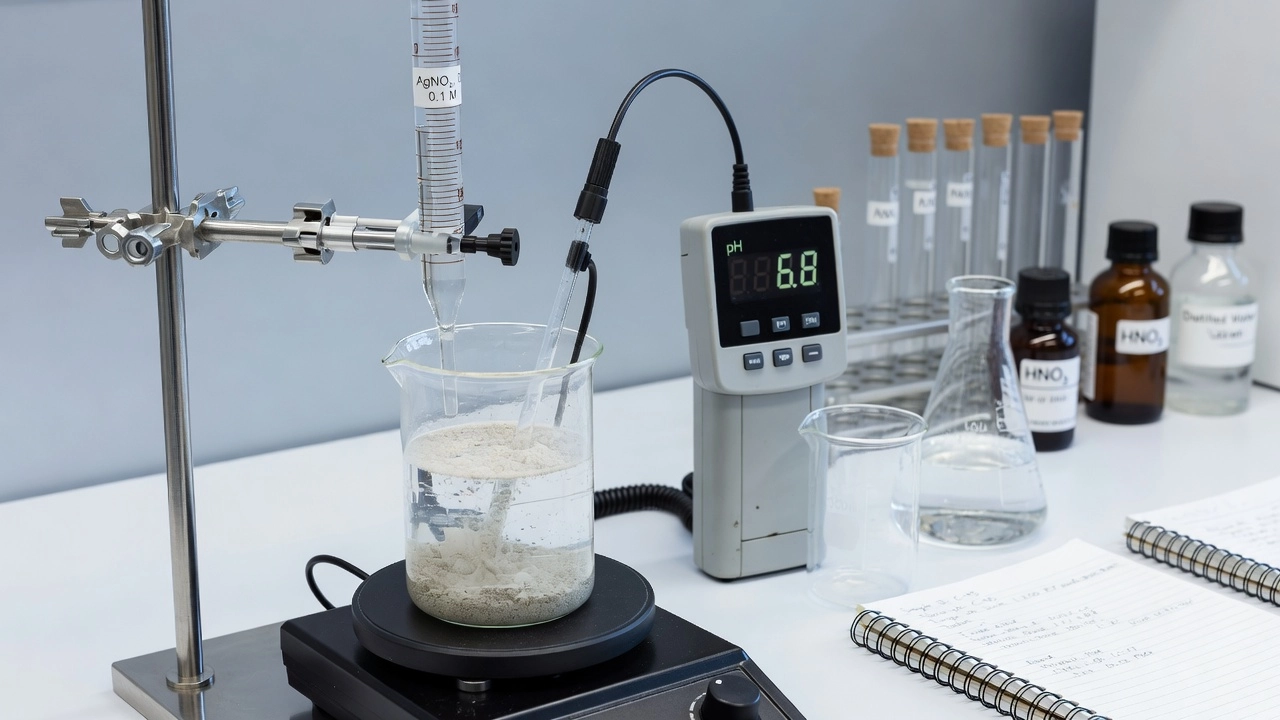 Montage de titrage potentiométrique en laboratoire avec titrant nitrate d'argent et électrode indicatrice pour l'analyse des chlorures