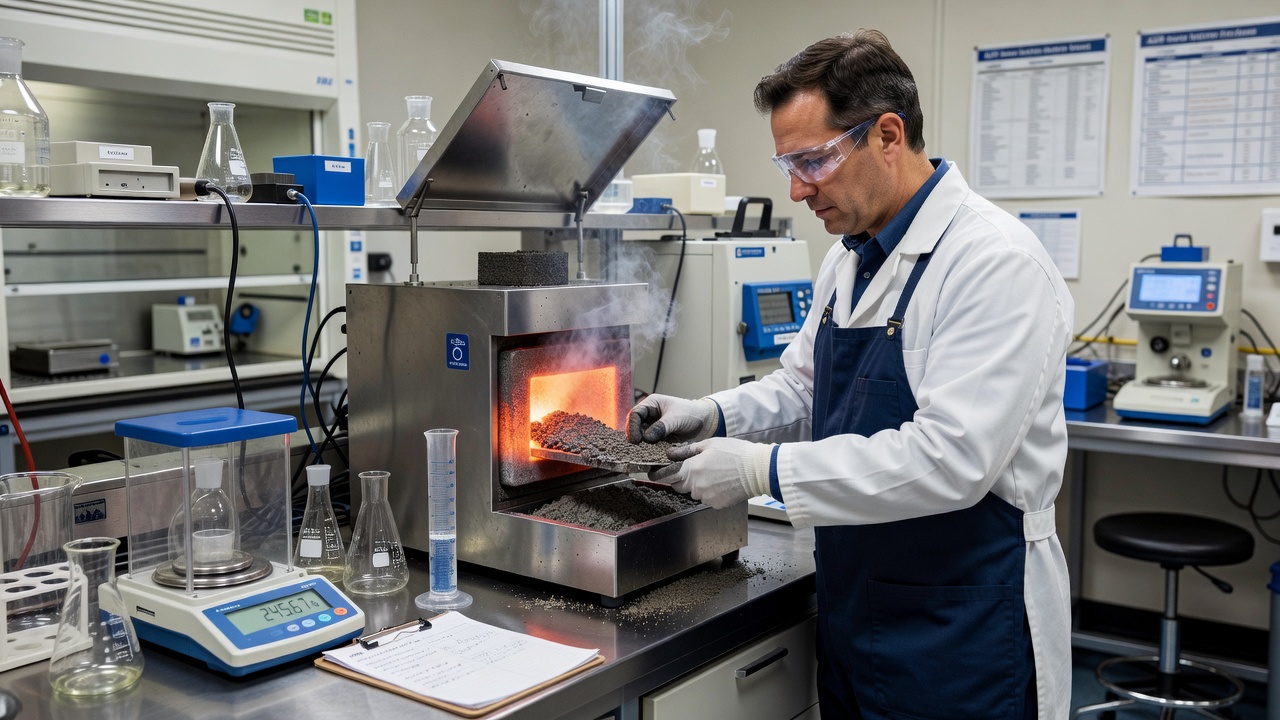 Laboratory technician performing ignition oven testing on RAP material for binder content determination