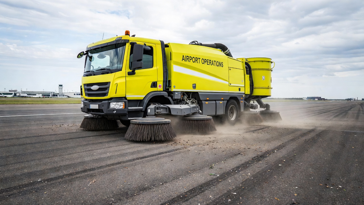 Camion balayeuse de piste aéroportuaire nettoyant les débris de la surface asphaltée avec des brosses rotatives et un système d'aspiration lors des opérations matinales
