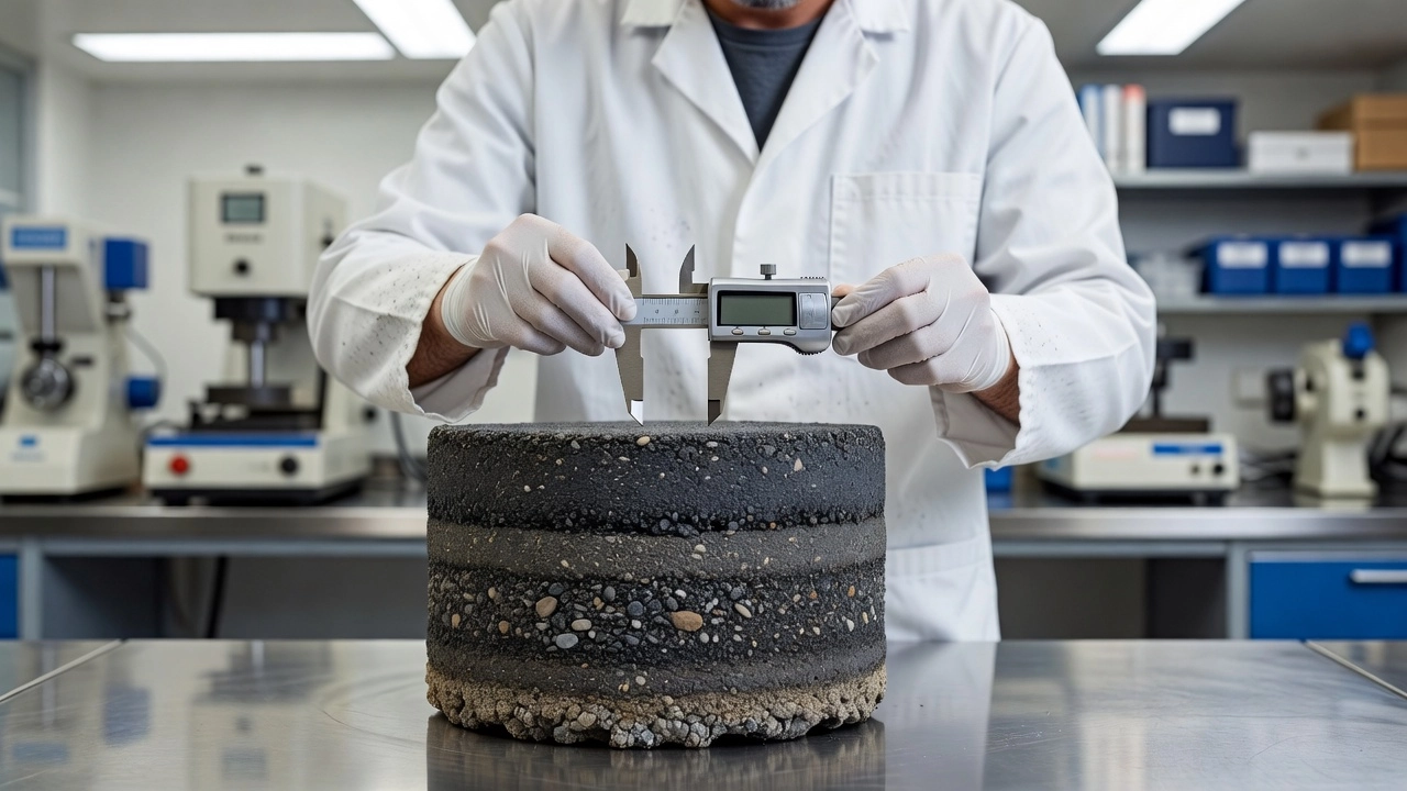 Technicien de laboratoire en blouse blanche mesurant une carotte d'enrobé avec un pied à coulisse, montrant des couches de chaussée distinctes