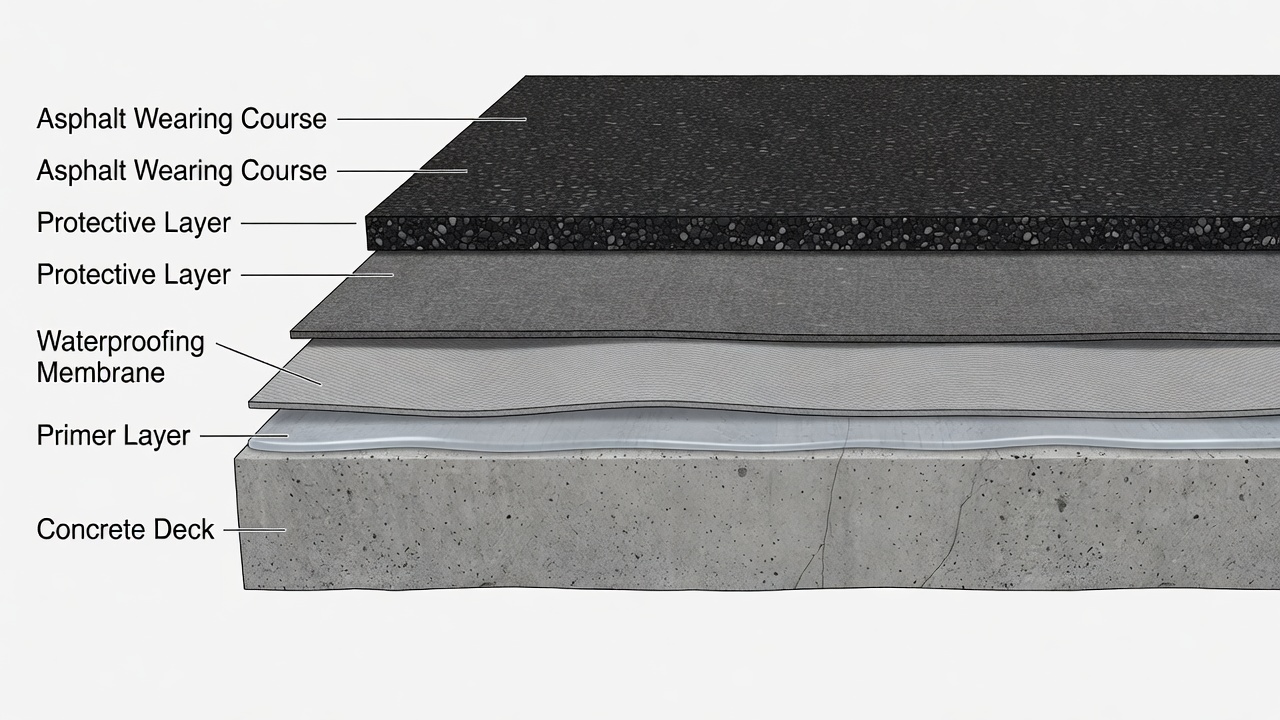 Cross-section illustration of bridge deck waterproofing membrane system showing concrete deck, primer, membrane layer, protective layer, and asphalt wearing course