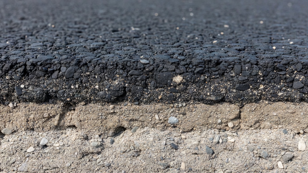 Photographie en coupe rapprochée de la chaussée d'une piste aéroportuaire montrant la couche de roulement supérieure en enrobé bitumineux à chaud sur la couche de base avec des couches distinctes