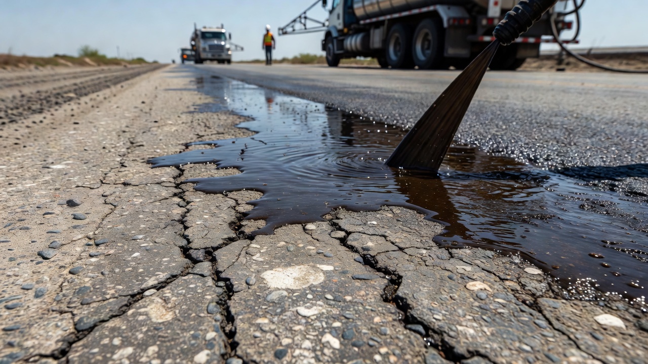Régénérateur d'asphalte appliqué sur une surface de chaussée vieillie et oxydée montrant la pénétration dans l'asphalte fissuré et altéré
