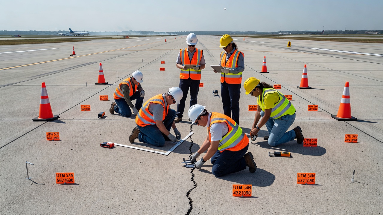 Ingénieurs réalisant une inspection de chaussée aéroportuaire sur une surface de piste à l'aide d'outils de mesure et d'équipement topographique, avec des marqueurs de coordonnées UTM aux emplacements des fissures