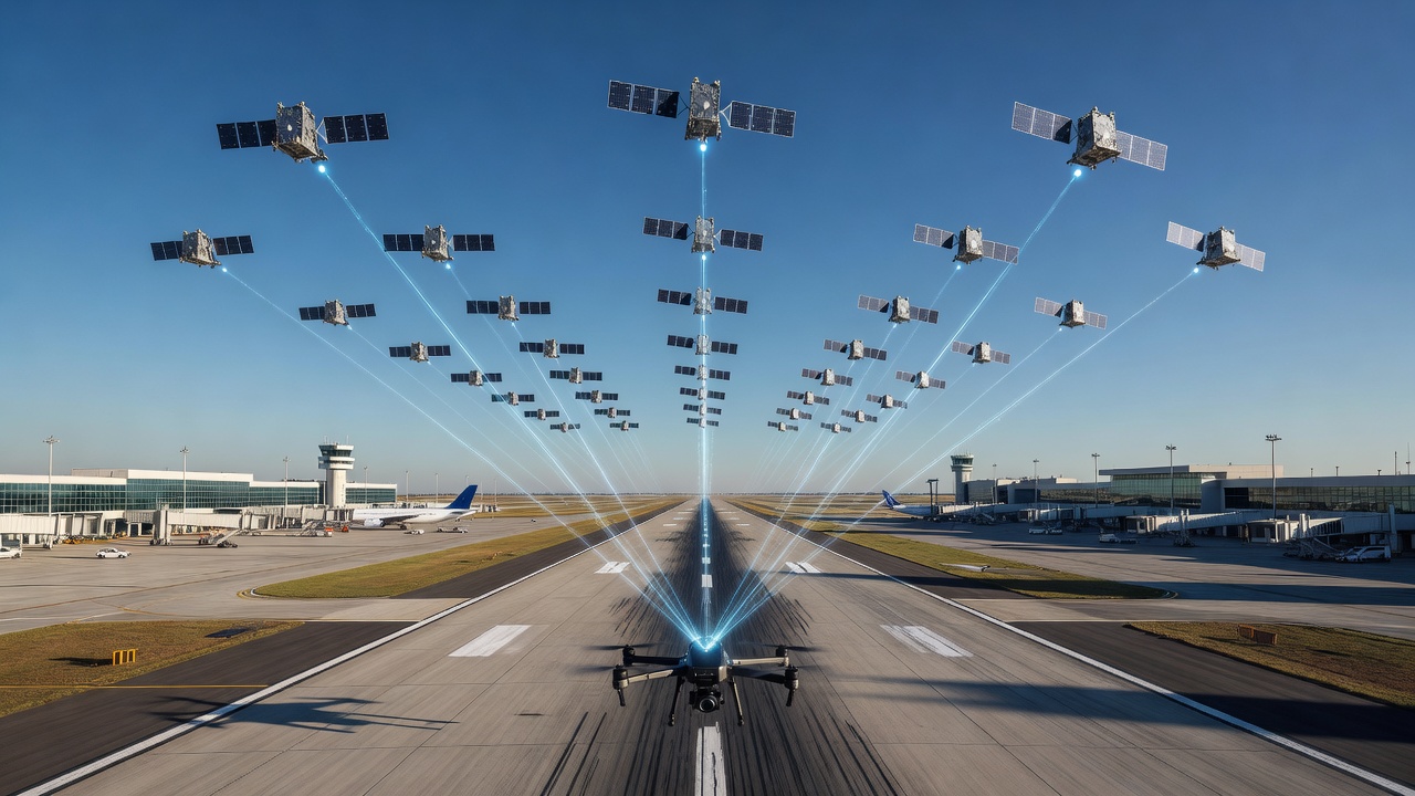 Dron con constelación de satélites GPS volando sobre pista de aeropuerto para mapeo de precisión