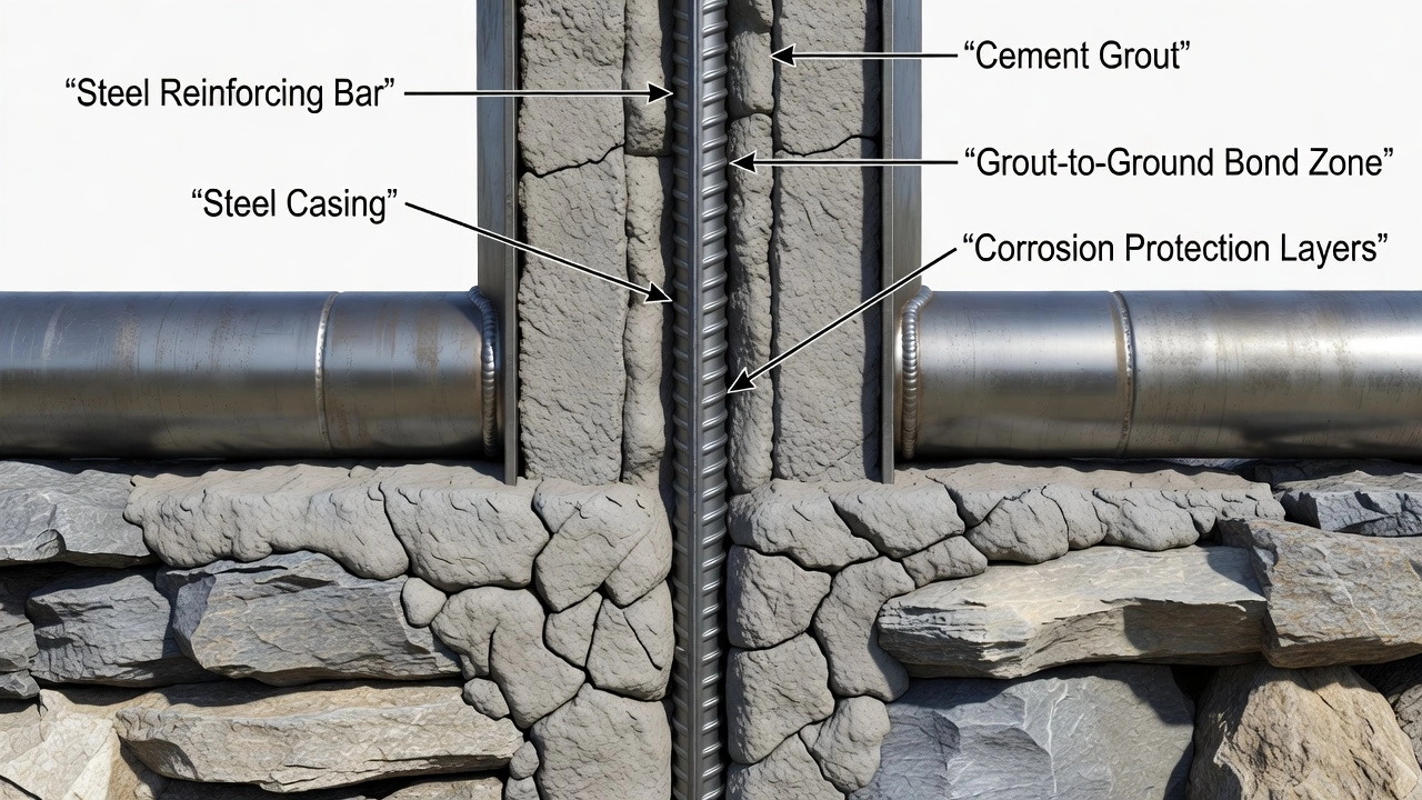 Cross-section illustration of a micropile showing steel reinforcing bar, grout body, casing, bond zone, and grout-to-ground interface