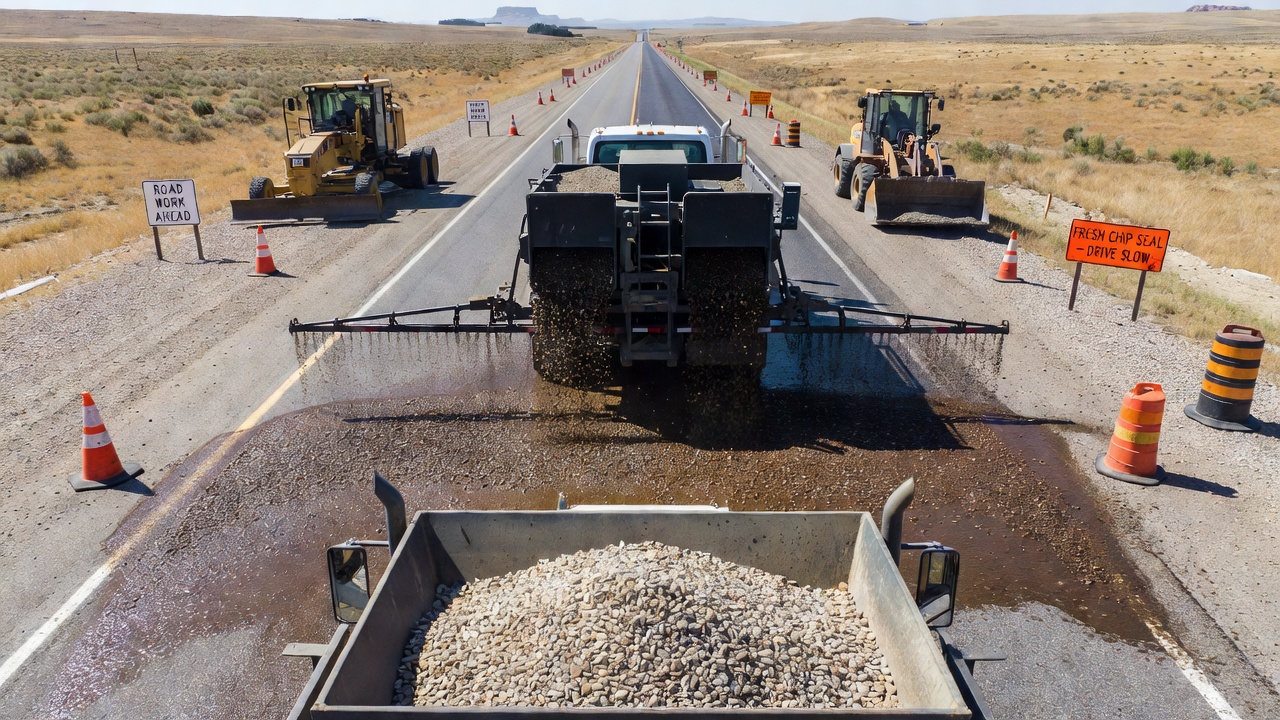 Road construction chip seal operation with aggregate spreader truck following asphalt distributor on rural roadway
