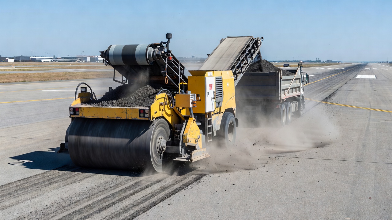 Fraiseuse à froid en opération sur une piste d'aéroport, enlevant la couche de surface d'enrobé bitumineux avec un tambour de coupe rotatif