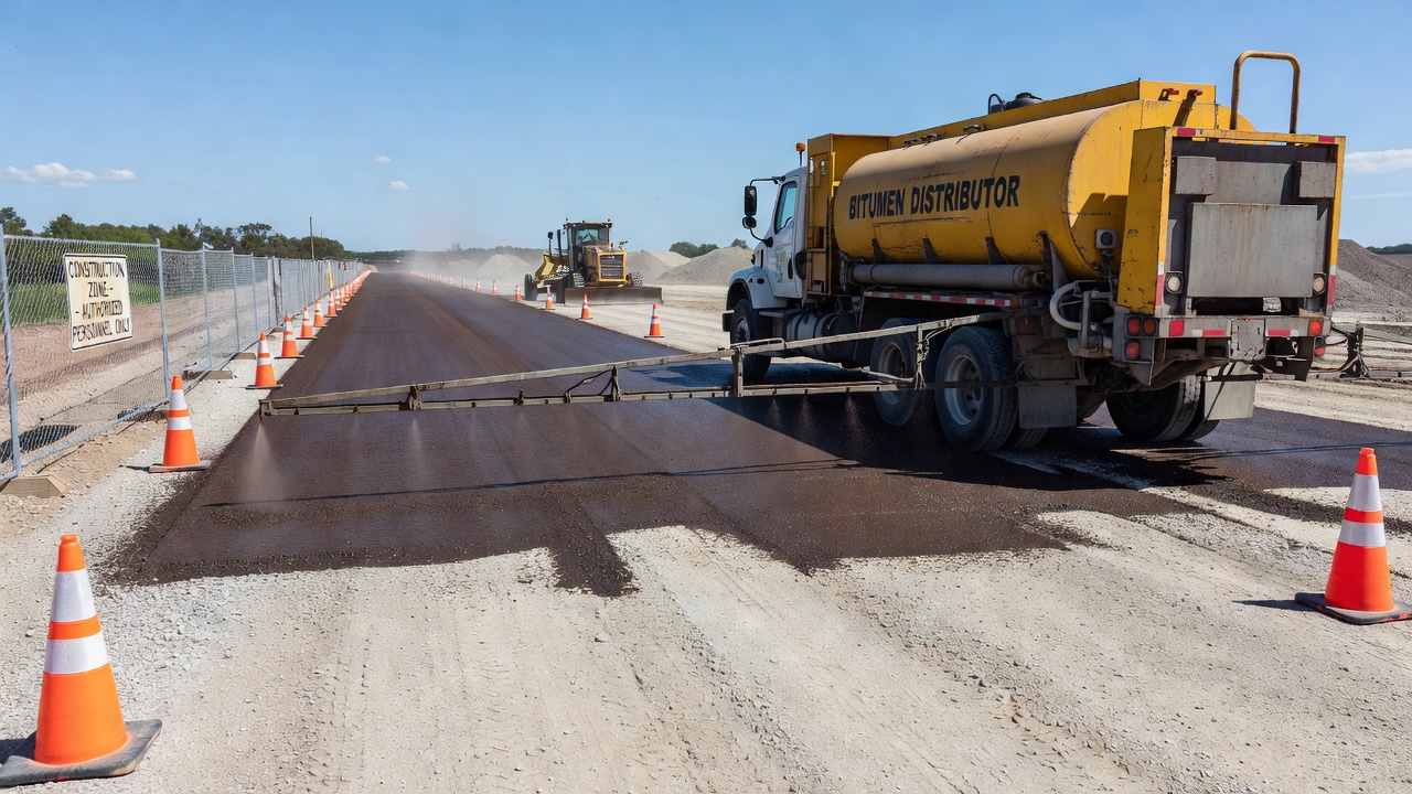 Application de la couche d'imprégnation par camion-épandeur sur une couche de base granulaire lors de la construction routière