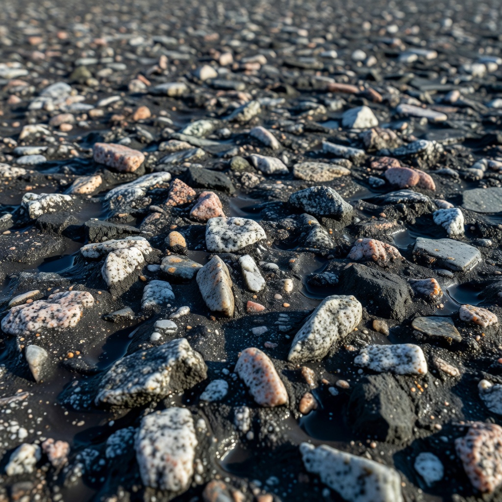 Close-up macro photograph of Stone Mastic Asphalt runway surface texture showing coarse aggregate protruding with high macrotexture depth