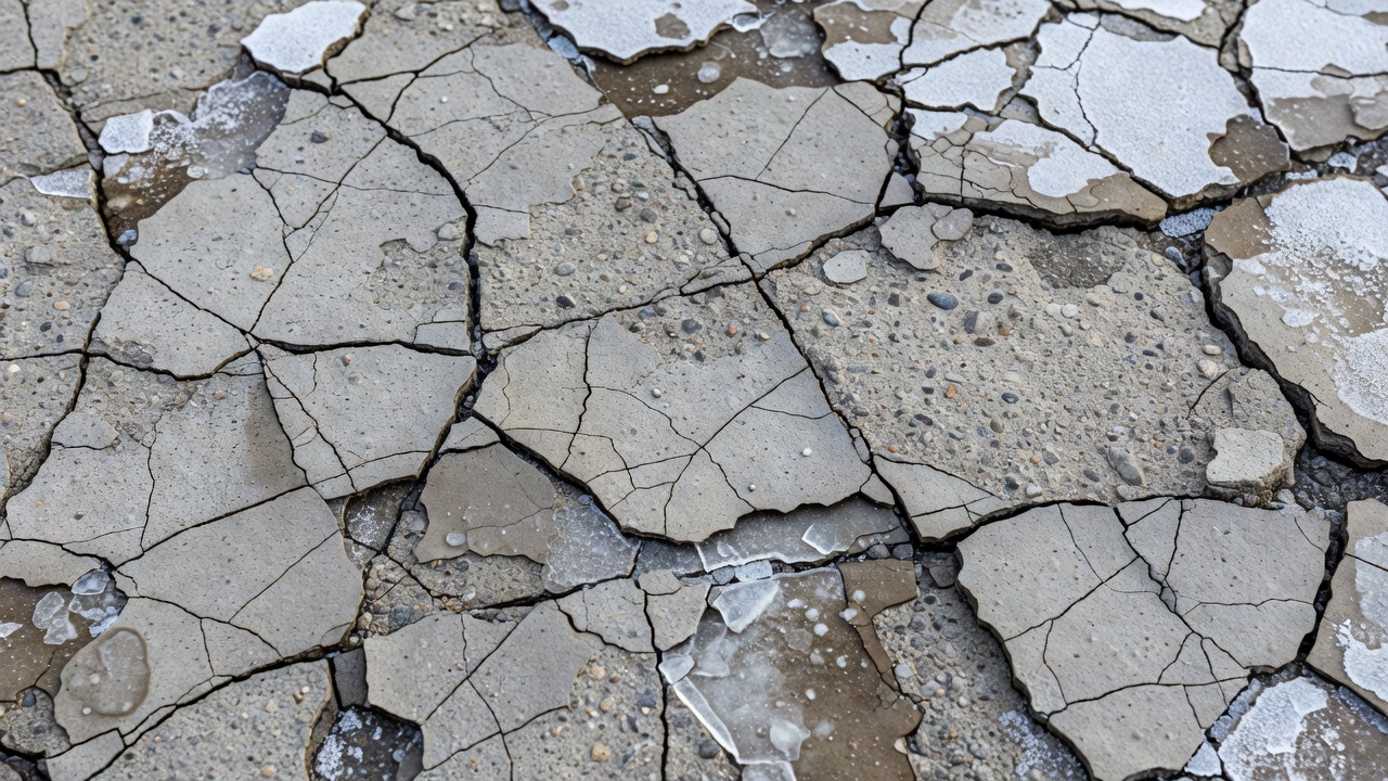 Gros plan de la surface d'un revêtement en béton montrant des dégâts de gel-dégel avec écaillage, fissuration et granulats exposés