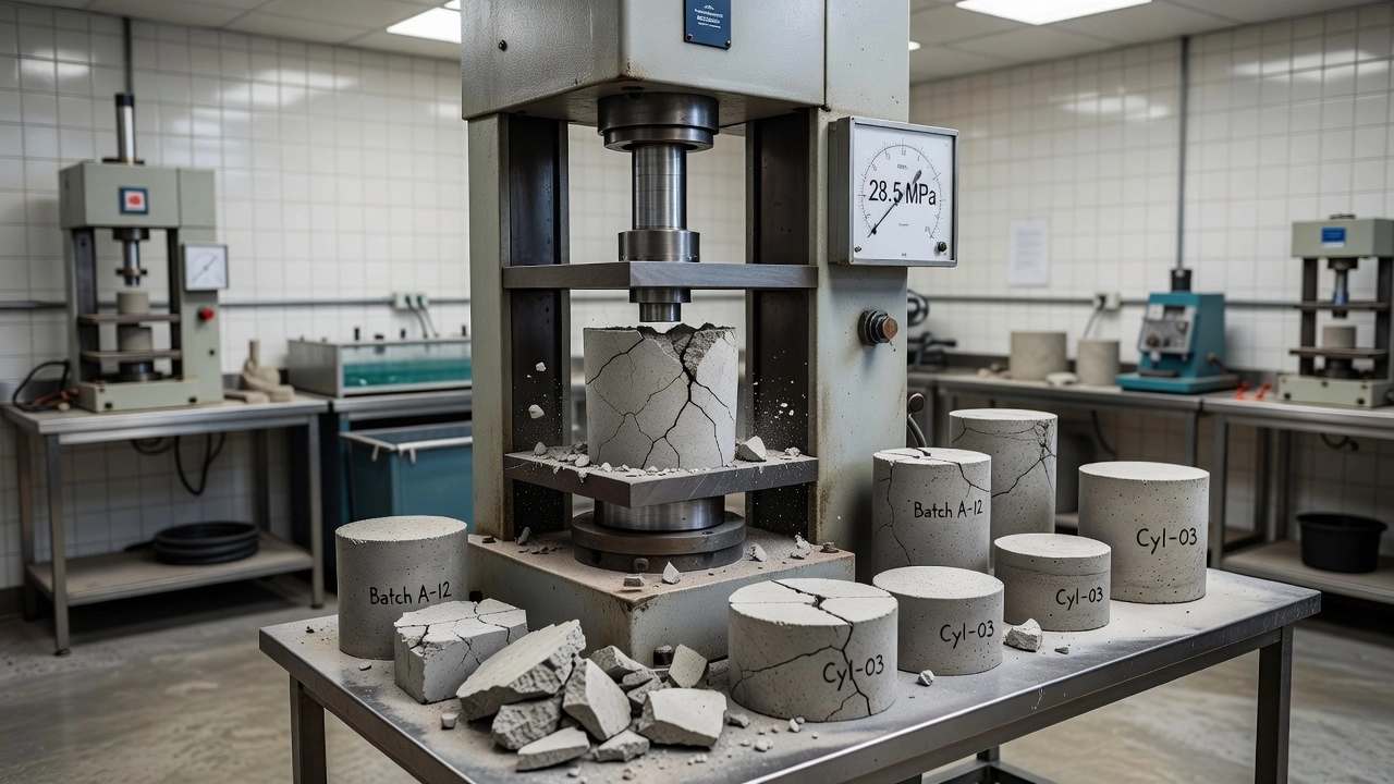 Machine d'essai de compression du béton avec éprouvette cylindrique soumise à un essai de vérification de la résistance à la compression