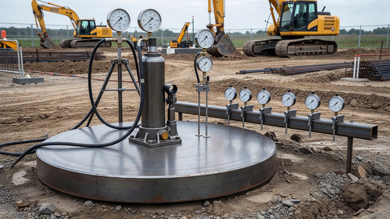 Gros plan de l'équipement d'essai de plaque montrant la plaque d'appui en acier, le vérin hydraulique et les comparateurs de tassement sur la poutre de référence